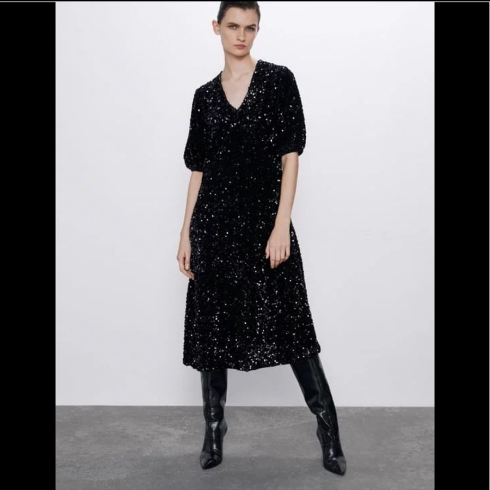 Zara Midi Sequin Dress With Puff Sleeves Black Size S NWT